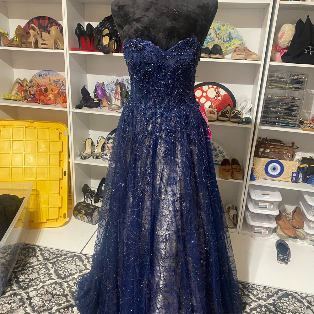 Elegant Navy Blue Strapless beaded Gown